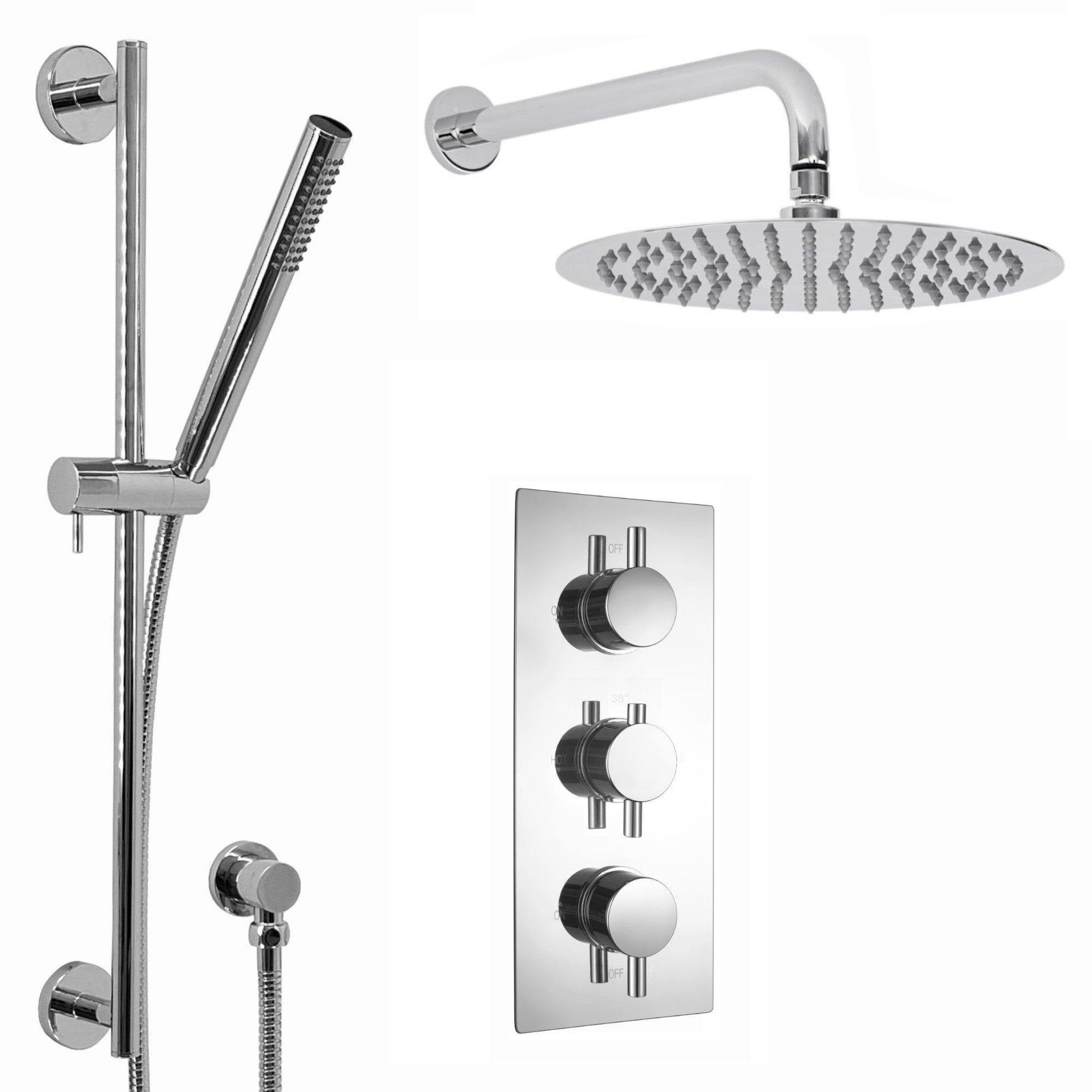 Naples Contemporary Round Concealed Thermostatic Shower Set Incl. Triple Valve, Wall Fixed 8" Shower Head, Slider Rail Kit - Chrome (2 Outlet)